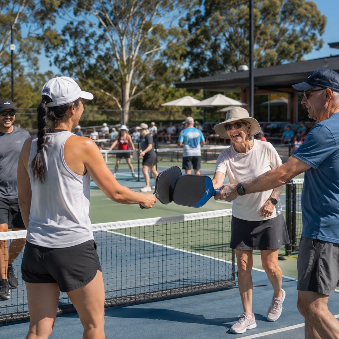 Pickleball players greeting each other at the net