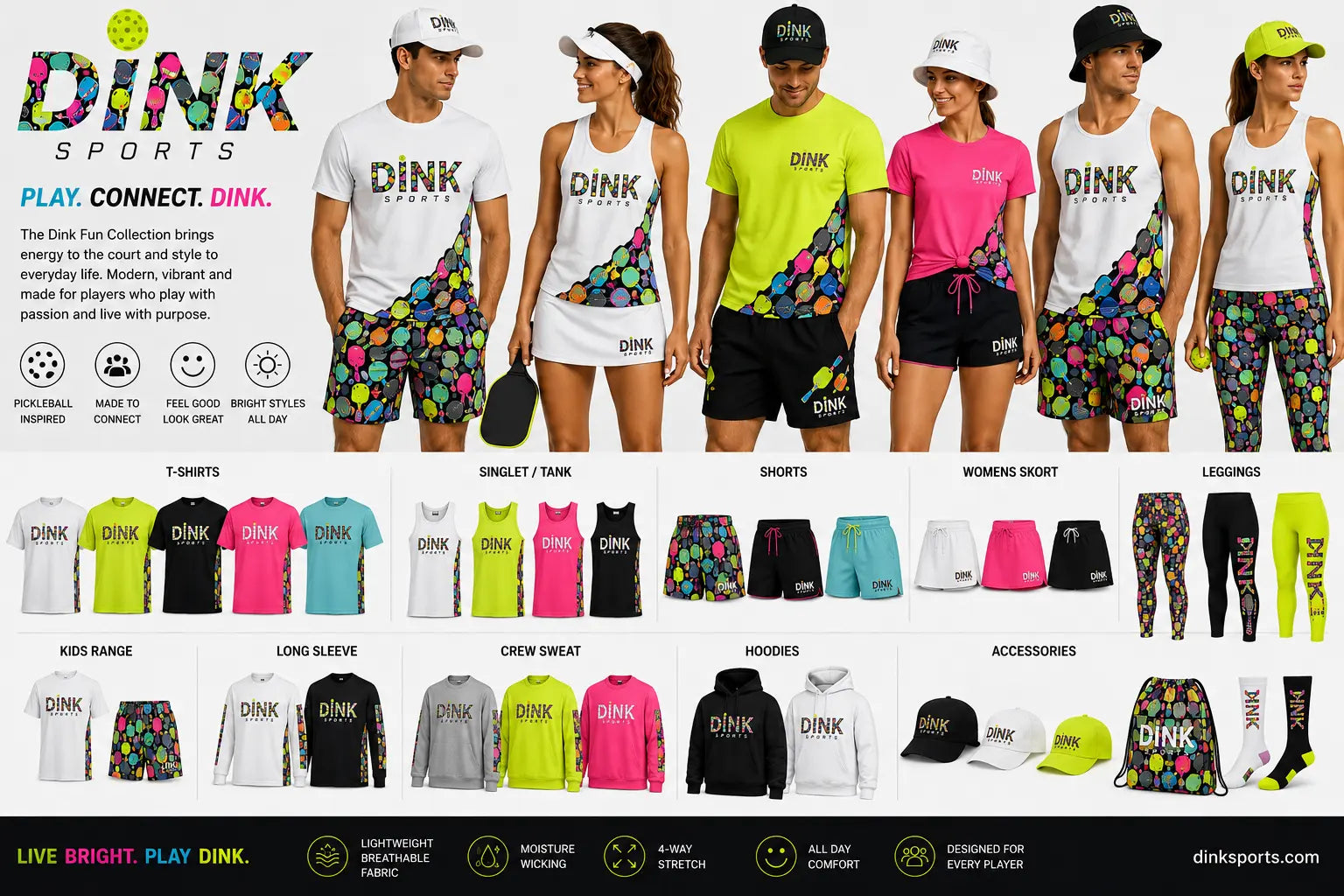 Colourful DINK Sports pickleball clothing with paddle print designs