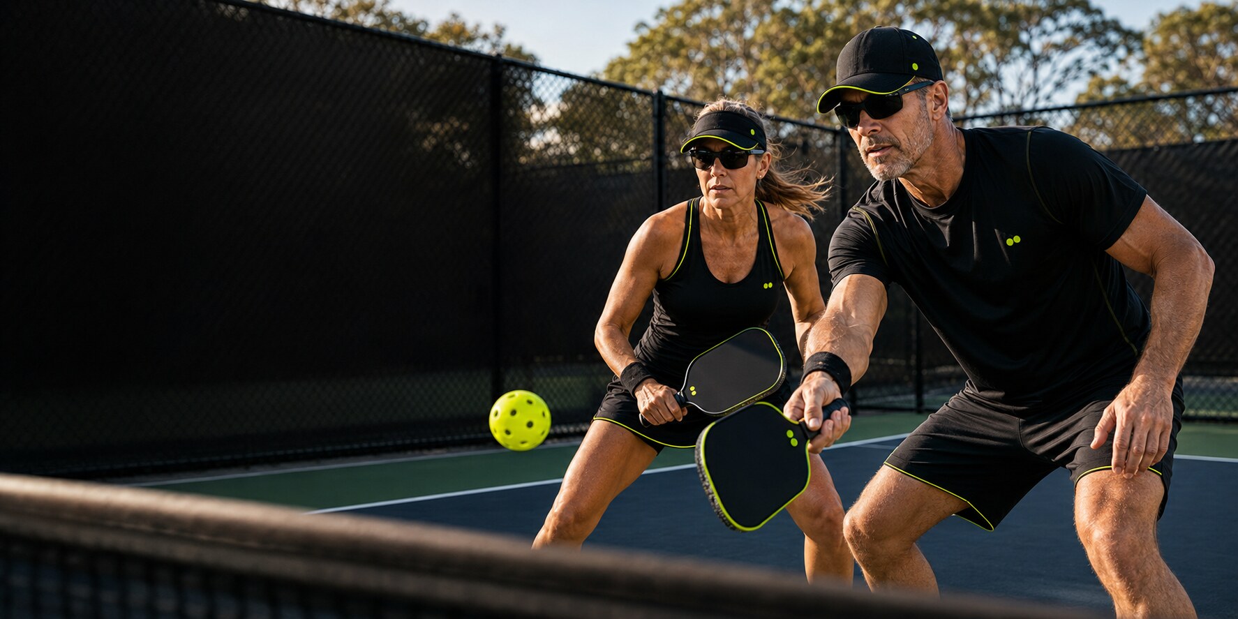 DINK Sports players competing at the kitchen line on a pickleball court