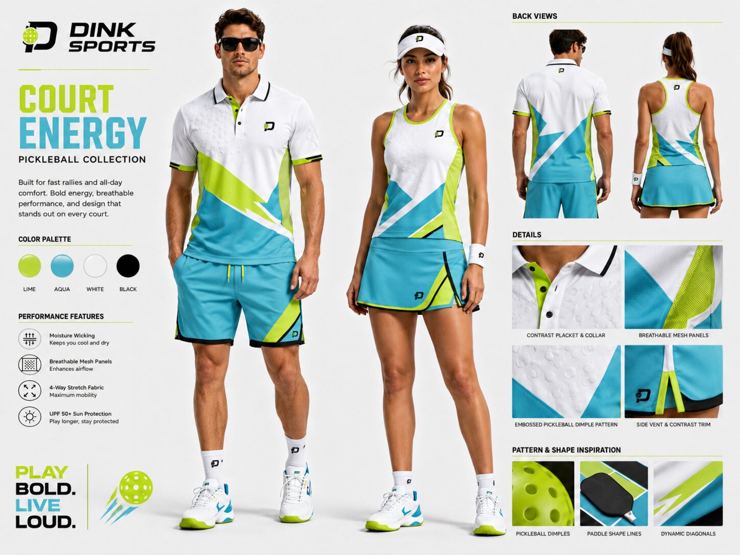 DINK Sports performance pickleball apparel in white, lime and blue