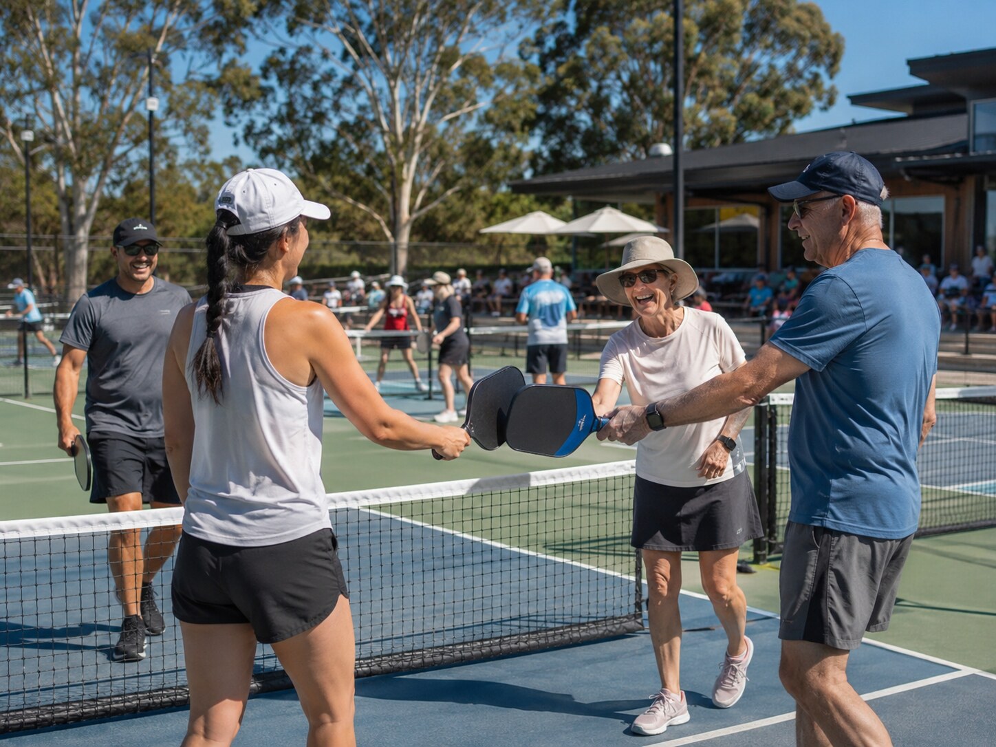 Social pickleball players enjoying a sunny game